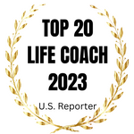 Gold leaves border the text: Top 20 Life Coach 2023 (U.S. Reporter)